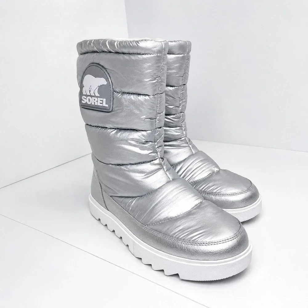 Sorel Waterproof Metallic Silver Puffer Snow Boots‎ Womens 9.5 Après Ski Y2K